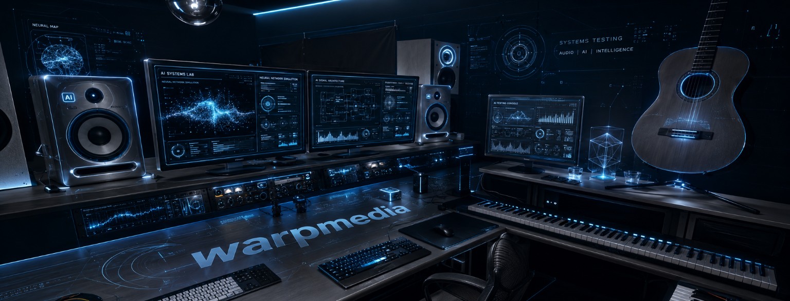 Futuristic Warpmedia Studio laboratory with audio, AI and intelligence testing elements
